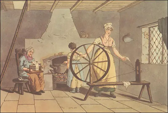 This drawing of a woman using a spinning-wheel appeared in 1835. Her hand-cards are on the floor.