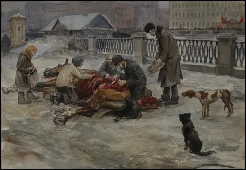 Ivan Vladimirov, Hungry ones in Petrograd dividing a dead horse in the street (1917)