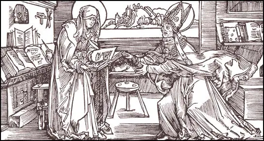 Bridget of Alvasta presenting a copy of her book Revelations to her bishop in about 1355.