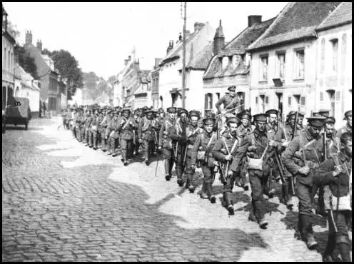 British soldiers marching to the front-line in France.