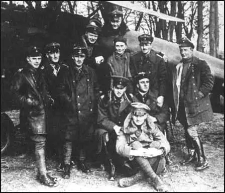A photograph of German flying aces in March 1917. Manfred vonRichthofen is in the cockpit of his Albatros. These men wereresponsible for destroying 204 Allied aircraft.