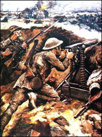 A painting of Lieutenant Thomas Wilkinsonwinning the Victoria Cross in 1916 by usinga Vickers Gun to stop a German advance.
