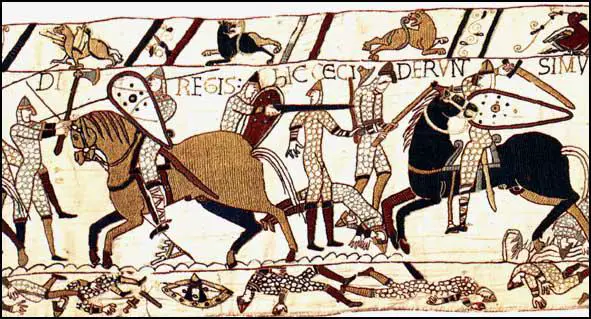 Section 53: The English battle-axe and the Norman double-edged swordin action at the Battle of Hastings, Bayeux Tapestry (c. 1090)
