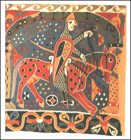 A fragment of Norwegian tapestry at BaldisholChurch showing a knight wearing a hauberk (c. 1200)