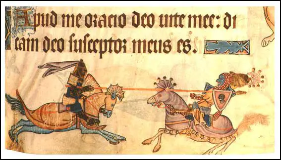 Two knights fighting with lances, Geoffrey Luttrell Psalter (1325)