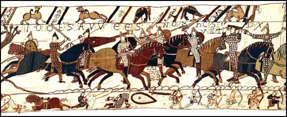 Section 55: Normans using mace, double-edged swords, lances and bows at the Battle of Hastings (Bayeux Tapestry, c. 1090)