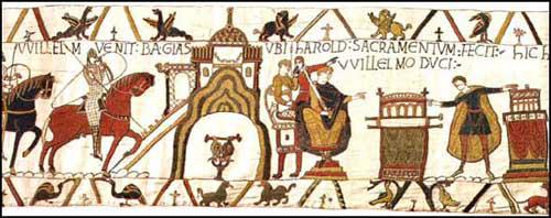 Harold Godwinson swears fealty to William of Normandy, Bayeux Tapestry (c. 1090)