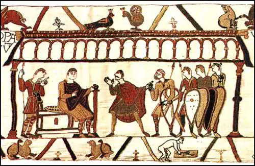 William of Normandy (seated) negotiates with Harold Godwinson (with mustache) in 1064 Bayeux Tapestry (c. 1090)