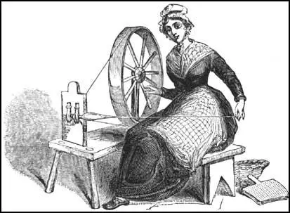 This drawing of a woman using a spinning-wheelappeared in 1835. Her hand-cards are on the floor.