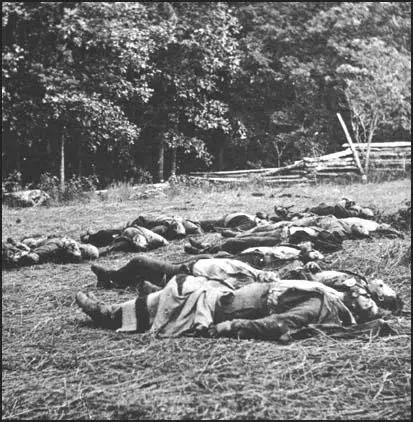 A photograph of dead members of the 24th Michigan Infantry at Gettysburg by Timothy O'Sullivan (July, 1863)