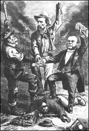 Thomas Nast produced this cartoon for Harper's Weekly suggesting that the Irish were joining with Southern slaveholders and New York capitalists to deny African Americans their freedom.