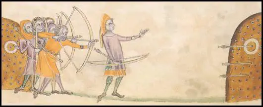 Lomgbowmen practising at the butts, Geoffrey Luttrell Psalter (1325)