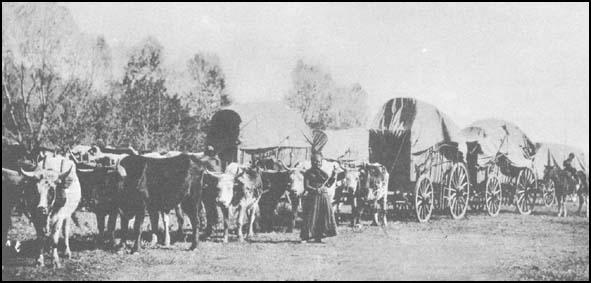 A photograph of an early wagon train.