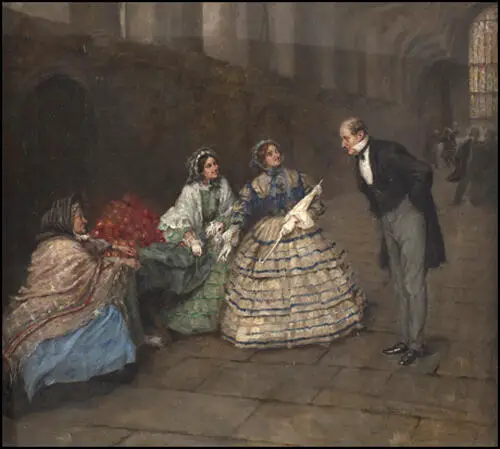In 1910 Bertha Newcombe painted this picture of Emily Davies and Elizabeth Garrett hiding first women’s suffrage petition under an apple-woman’s stall in Westminster Hall until John Stuart Mill came to collect it.