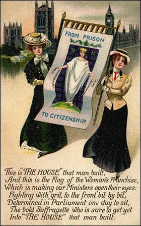 Postcard featuring the "From Prisonhood to Citizenship" banner made by Clemence Housman after Laurence Housman's design