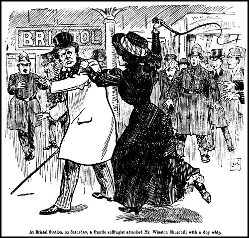Drawing of Theresa Garnett accosting Winston Churchill (November, 1909)