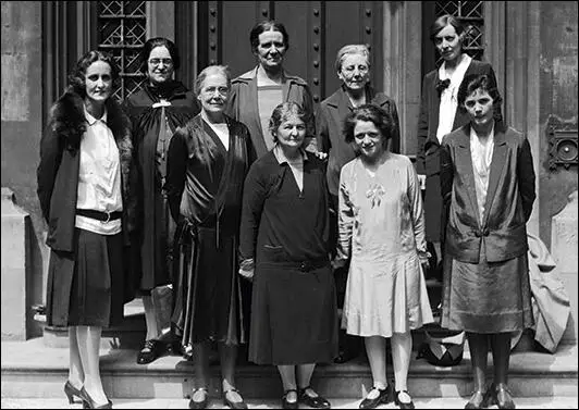 Nine victorious members of the Labour Party at the 1929 General Election: Left to right, Cynthia Mosley, Marion Phillips, Susan Lawrence, Edith Picton-Turberville, Margaret Bondfield, Ethel Bentham, Ellen Wilkinson, Mary Hamilton and Jennie Lee.
