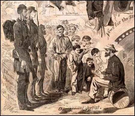Winslow Homer drawing Northern troops for Harper's Weekly during the American Civil War.