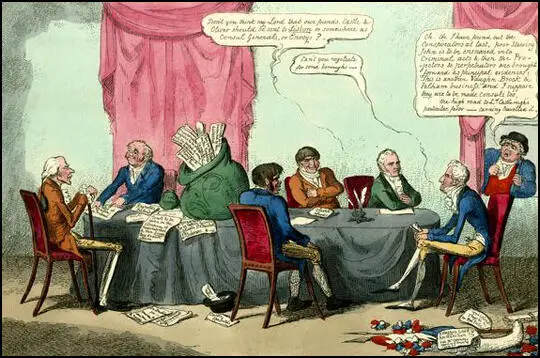 This print by George Cruikshank shows Lord Sidmouth, Thomas Reynolds, John Castle, William Oliver, George Canning and Lord Castlereagh. In the picture spies (Reynolds, Castle and Oliver) are providing government ministers with information on those advocating parliamentary reform. (July 1817)