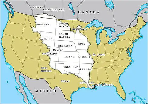 Map of the United States overlapped with territory bought in the Louisiana Purchase (in white)