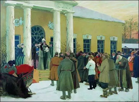 Boris Kustodiev painting shows serfs listening to the proclamation of the Emancipation Manifesto (1907)