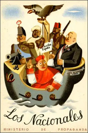 Republican poster showing the enemies of the government: Catholic Church, Italians, Germans and Moors from Morocco. (1936)