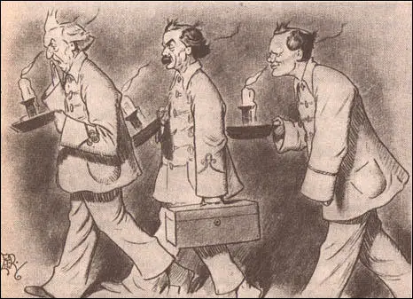 Cartoon produced in 1908 that shows H. H. Asquith, David Lloyd George and Winston Churchill in their pyjamas working late at night in their attempt to pass radical legislation to improve the life of the poor.