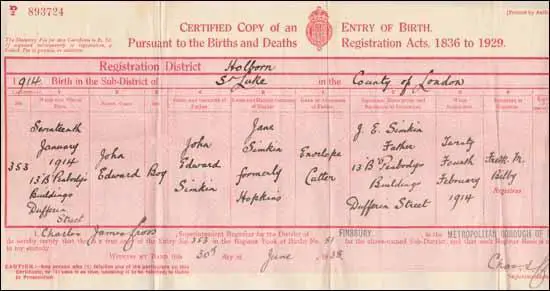 John Edward Simkin birth certificate (17th January, 1914)