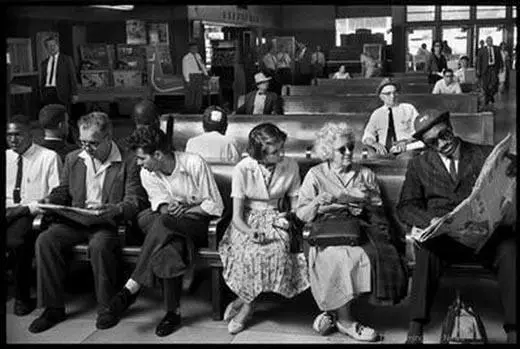 Freedom Riders Charles Person, Walter Bergman, Edward Blankenheim, Genevieve Hughes, Frances Bergman and Benjamin Elton Cox in a white waiting-room (May, 1961)