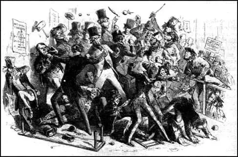 A Tory view of the conflict between Physical and Moral ForceChartists. The cartoon was published in 1839