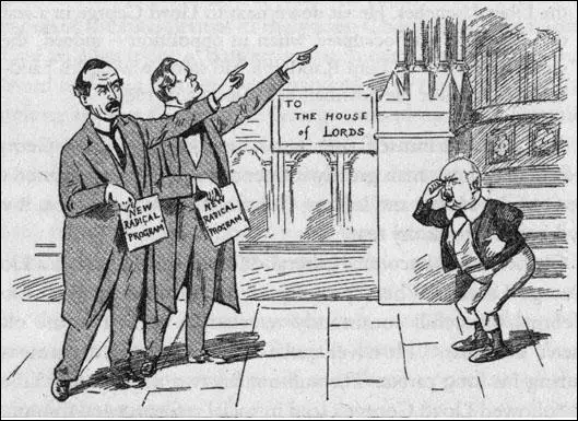 David Lloyd George and Winston Churchill suggesting that Henry Campbell-Bannerman should go to the House of Lords. Cartoon in The Pall Mall Gazette (22nd October 1904)