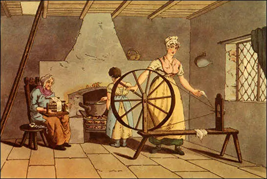 This painting of a spinning-wheel appeared in George Walker, The Costume of Yorkshire (1814)