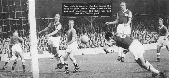 John Smith scoring against Chelsea in a 4-2 victory at Upton Park (20th September, 1958)