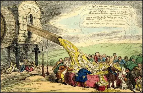 George Cruikshank, The System Works So Well (1831) The House of Commons is shown as a water mill. The water wheel bear the names of rotten boroughs. Underneath lies the corpses of the poor, and from the mill pours a stream of benefits of being MPs, which they stuff in their pockets, while praising the system and opposing reform.