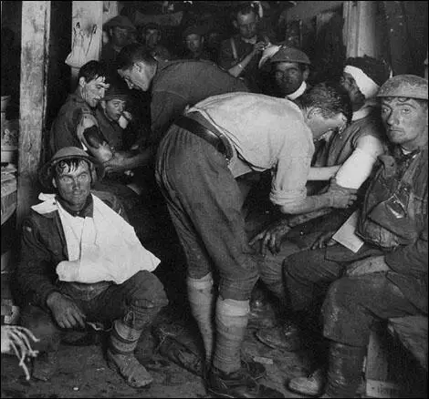Soldiers being treated in an Advanced Dressing Station near Ypres in 1917