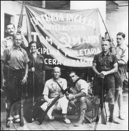 Members of the British Tom Mann unit in Barcelona in September1936. Left to right: Sid Avner, Nat Cohen, Ramona, Tom Winteringham,George Tioli, Jack Barry and David Marshall.