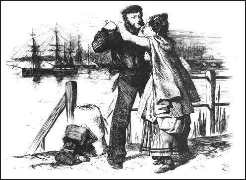 Polly: "O, Dear Jack! I can't help crying, but I'm so happy to think you're not going in one of those dreadful ships!"Jack: "No, No, lass - never more - thanks to our friend Master Plimsoll, God bless him."John Tenniel, The Coffin-Ships, Punch Magazine (1873)