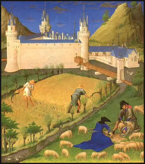 Harvesting and sheep-shearing at the ChateauEyampes, Duke du Berry Book of Hours (c. 1410)