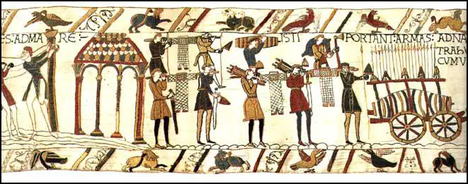 Section 37: Weapons and wine are carried on board, Bayeux Tapestry (c. 1090)