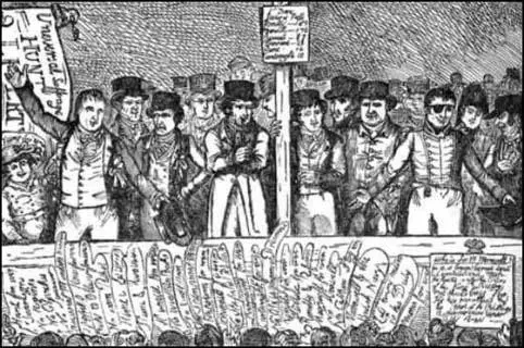 Drawing by George Cruikshank of Henry Hunt, Francis Burdett,Major John Cartwright, Samuel Romilly and Murray Maxwell.