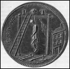 Trade token produced by Thomas Spenceshowing William Pitt on the gallows (c. 1800)