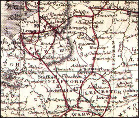In 1841 George Bradshaw produced a railway map ofBritain. This section shows the Grand Junction Railway.