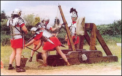 A modern reconstruction of a onager firing party.