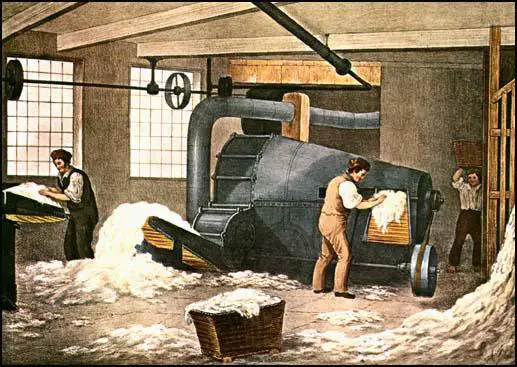 This painting of a willowing machine appearedin J. R. Barfoot's The Progress of Cotton (1842)
