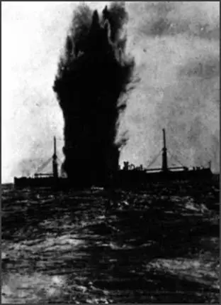 A ship hit by a torpedo in 1917
